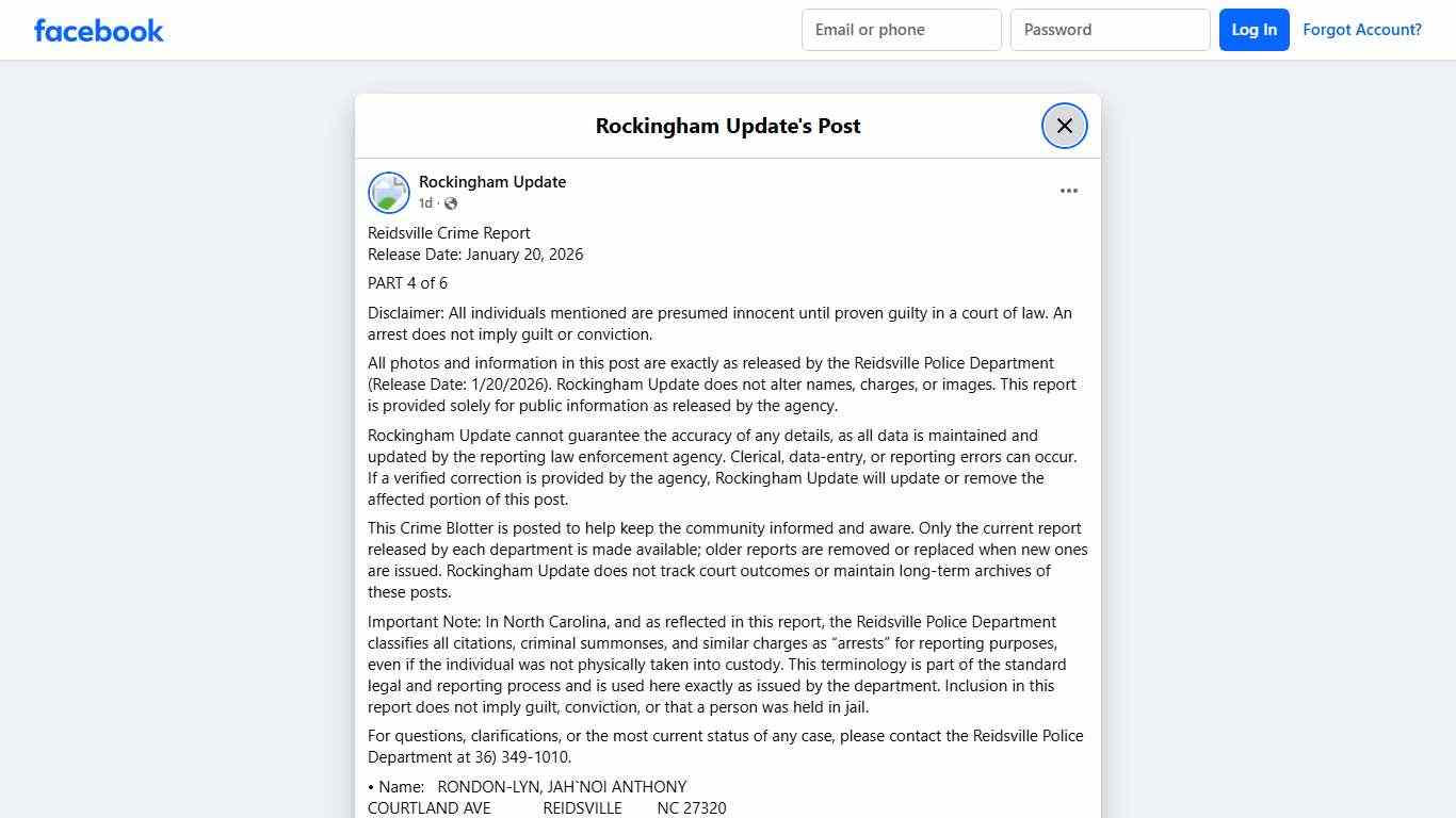 Reidsville Crime Report Release Date:... - Rockingham Update Facebook